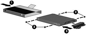 12. Αφαιρέστε τις 4 βίδες της μονάδας σκληρού δίσκου από το πλαίσιο (2) και βγάλτε τη μονάδα σκληρού δίσκου (3) από τη θέση της. Τοποθέτηση της μονάδας σκληρού δίσκου 1.