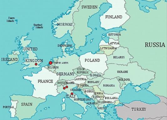 Map of Europe with current surgical myectomy centres denoted by red symbols. Maron B J et al.