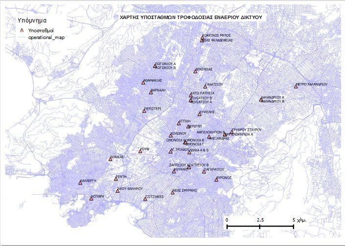 Εικόνα 98: Χάρτης υποσταθμών τροφοδοσίας εναερίου δικτύου Οι παραπάνω χάρτες μπορούν να χρησιμοποιηθούν για να δειχθεί η κατανομή των κτιριακών υποδομών στην περιοχή της μελέτης εφαρμογής και να