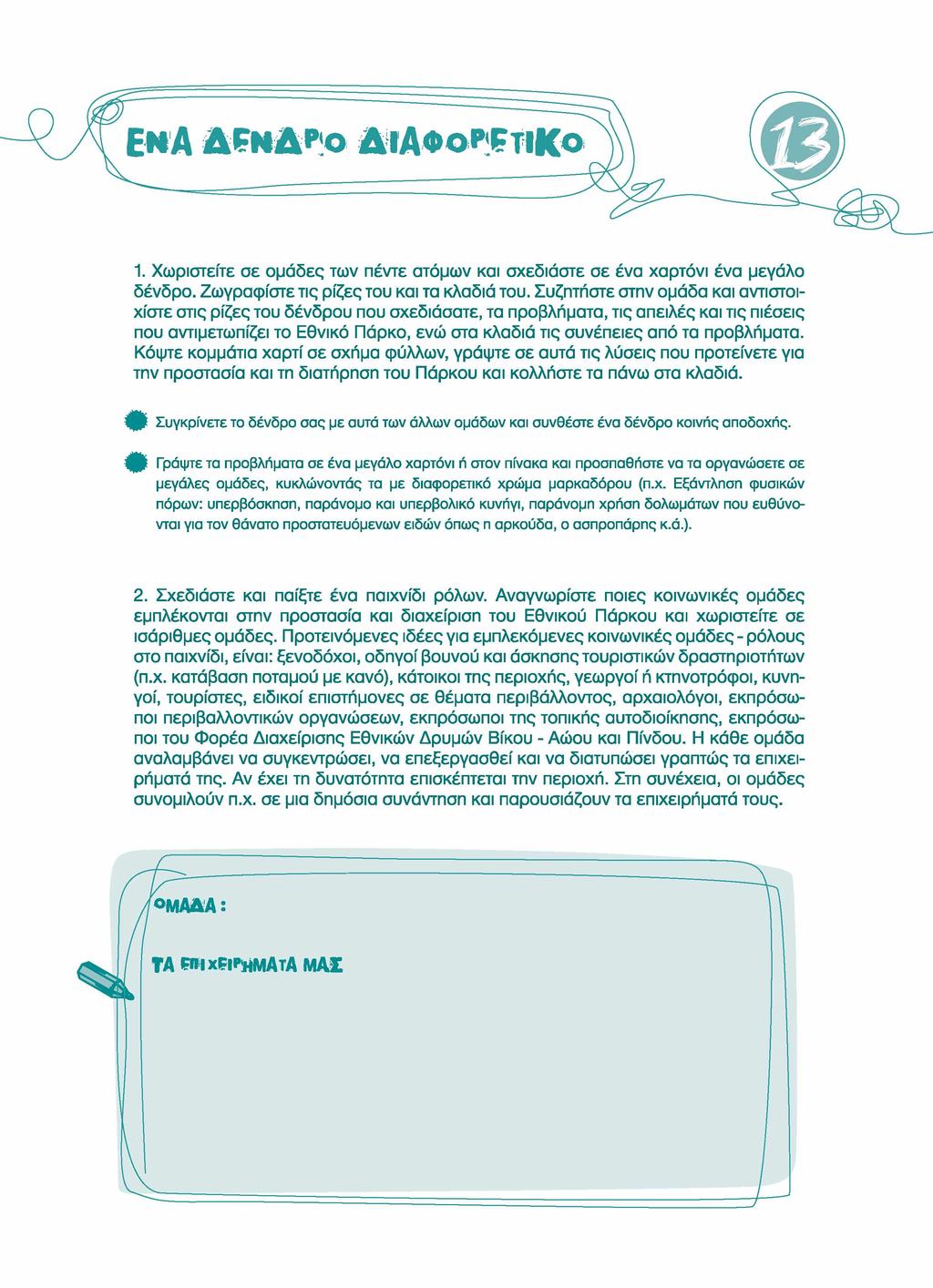 1. Χωριστείτε σε ομάδες των πέντε ατόμων και σχεδιάστε σε ένα χαρτόνι ένα μεγάλο δένδρο. Ζωγραφίστε τις ρίζες του και τα κλαδιά του.