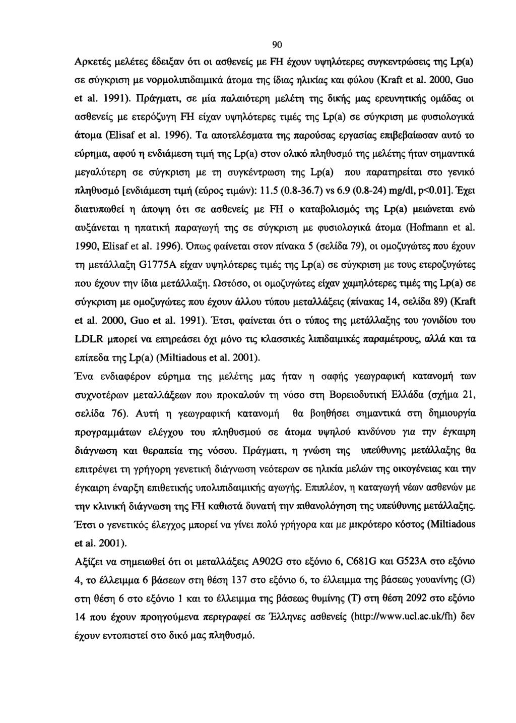 90 Αρκετές μελέτες έδειξαν ότι οι ασθενείς με FH έχουν υψηλότερες συγκεντρώσεις της Lp(a) σε σύγκριση με νορμολιπιδαιμικά άτομα της ίδιας ηλικίας και φύλου (Kraft et al. 2000, Guo et al. 1991).