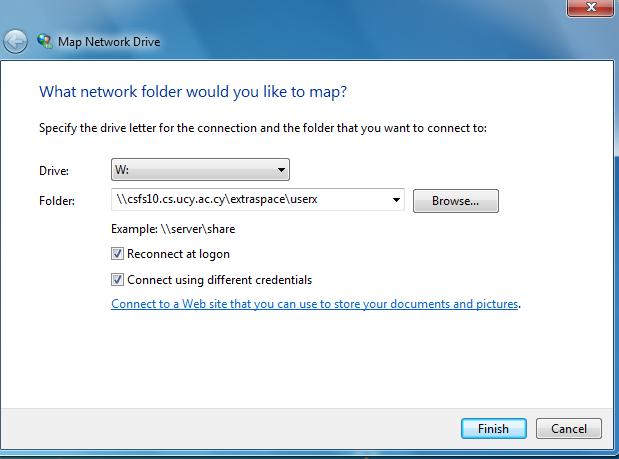 3. Στην οθόνη που θα εμφανιστεί επιλέξετε στο πεδίο Drive: το γράμμα W: στο πεδίο Folder την εντολή \\csfs10.cs.ucy.ac.
