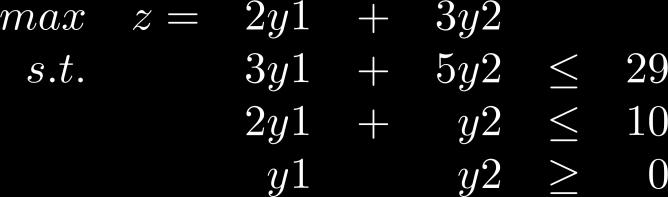 Simplex (δυϊκού) Cj 2 3 0 0 Cj Basis y1 y2 s1 s2 RHS 0 s1 3 5 1 0 29 0 s2 2 1 0 1 10 Wj 0 0 0 0 0 Cj-Wj 2 3 0 0 Τελικό ταμπλό Simplex (δυϊκού) Cj 2 3 0 0 Cj Basis y1 y2 s1 s2 RHS 2 y1 1 0