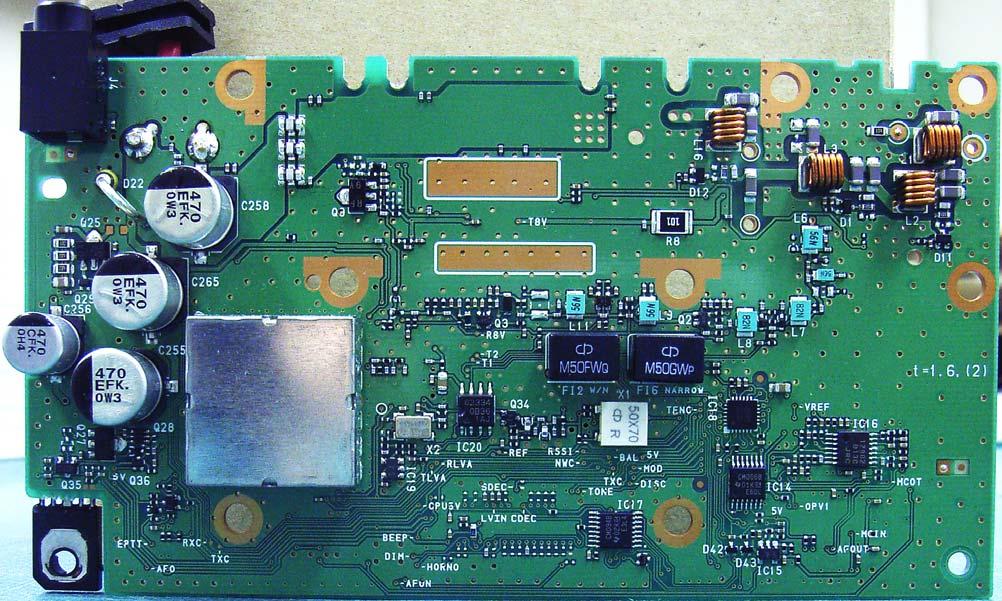 MAIN-A UNIT (BTTM VIEW) + LINE REGULATR (Q7) T8 LINE REGULATR (Q5) AF MUTE (Q5) MDULATIN LINE (Q) VC REFERENCE SCILLATR MDULATIN BUFFER (IC9) DRIVE AMP (Q9) REFERENCE FREQUENCY SCILLATR (X)