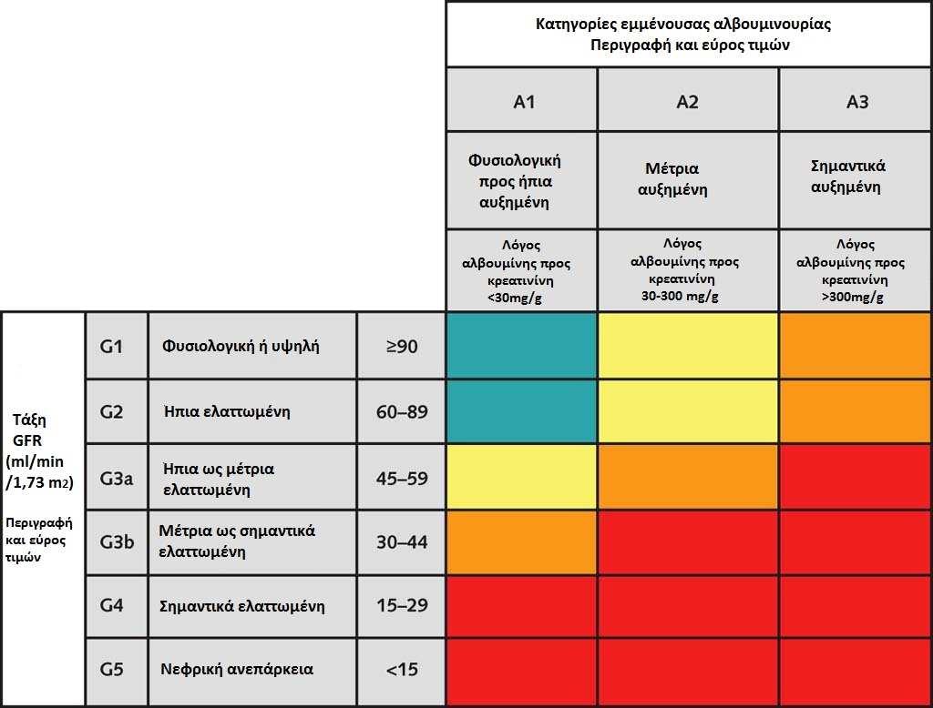 Σε ένα επόμενο βήμα, οι οδηγίες κατηγοριοποίησαν τη νόσου βάσει αιτίας, επιπέδων GFR και επιπέδου λευκωματουρίας, εισάγοντας το σύστημα CGA (C: Cause, G:GFR, A:Albuminuria).