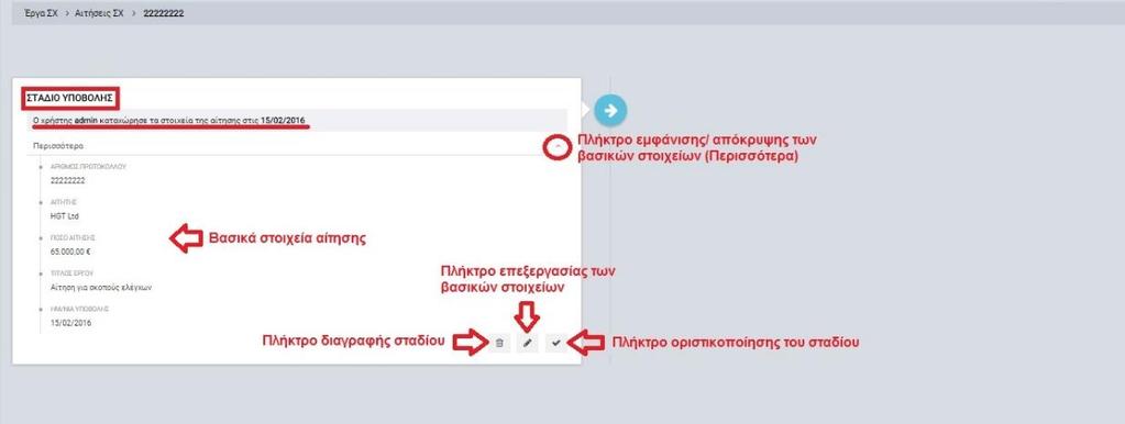 προσώπου κ.λπ.), αριθμός πρωτοκόλλου της αίτησης και τίτλος έργου.