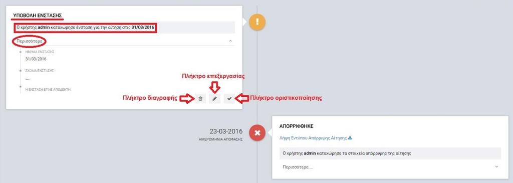 (πατώντας στο πλήκτρο «Περισσότερα»), το username του χρήστη που συμπλήρωσε τα στοιχεία της ένστασης, ενώ περιλαμβάνει και τα ακόλουθα πλήκτρα ενεργειών: Διαγραφή: Ο χρήστης έχει τη δυνατότητα να