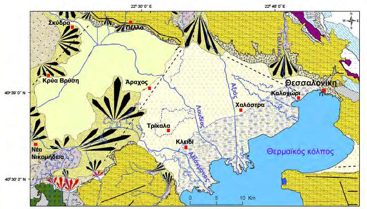 2. ΠΕΡΙΒΑΛΛΟΝ ΤΗΣ ΠΕΡΙΟΧΗΣ ΜΕΛΕΤΗΣ 39 Ένας πρώτος λεπτοµερής γεωµορφολογικός χάρτης (Σχήµα 16) για το κεντρικό τµήµα της πεδιάδας της Θεσσαλονίκης δόθηκε