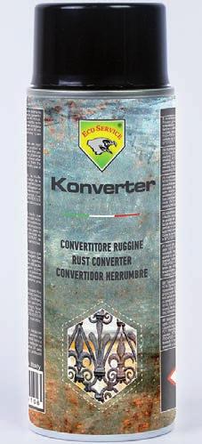KONVERTER PT Konverter transforma a ferrugem num composto químico estável com côr negra e forma uma película que protege todas as superfícies ferrosas: cancelas, portões, varandas, caleiras e outros