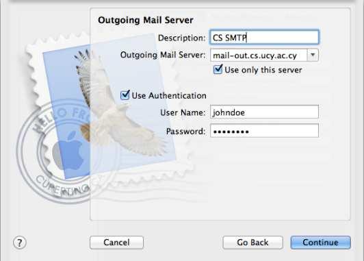 3. Στο νέο παράθυρο που θα εµφανιστεί συµπληρώστε τα πεδία όπως πιο κάτω: Account Type: IMAP Description: CS Mail Incoming Mail Server: mail.cs.ucy.ac.