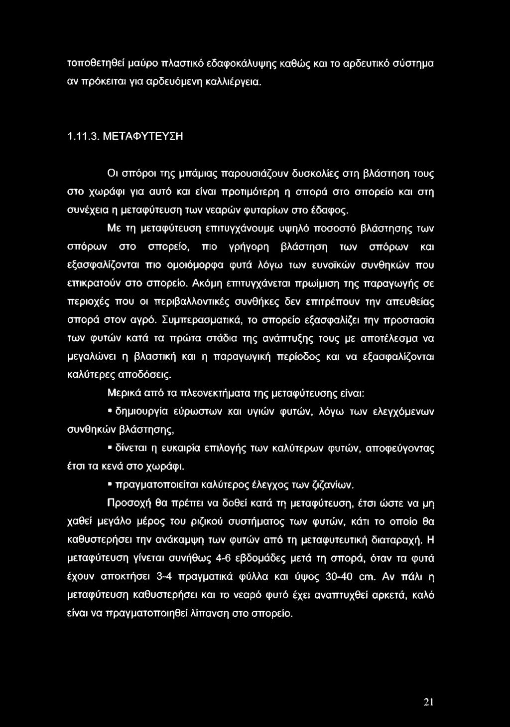 Με τη μεταφύτευση επιτυγχάνουμε υψηλό ποσοστό βλάστησης των σπόρων στο σπορείο, πιο γρήγορη βλάστηση των σπόρων και εξασφαλίζονται πιο ομοιόμορφα φυτά λόγω των ευνοϊκών συνθηκών που επικρατούν στο