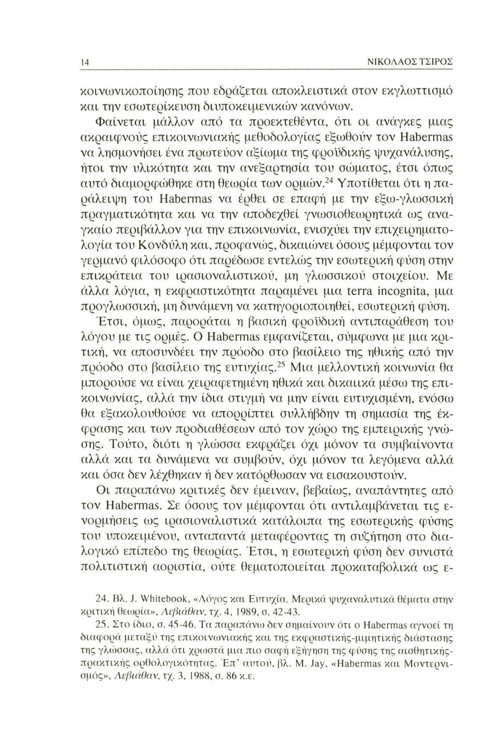 14 ΝΙΚΟΛΑΟΣ ΤΣΙΡΟΣ κοινωνικοποίησης που εδράζεται αποκλειστικά στον εκγλωττισμό και την εσωτερίκευση διυποκειμενικών κανόνων.