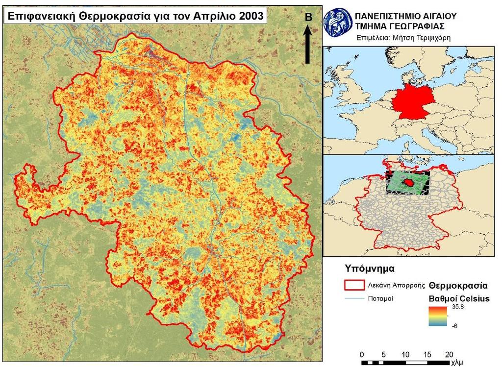 Εικόνα 8: Χάρτης θερμοκρασίας εδάφους για τον Απρίλιο 2003 Επίσης, ο δείκτης βλάστησης NDVI για την ίδια ημερομηνία παρουσιάζεται στην Εικόνα 9.