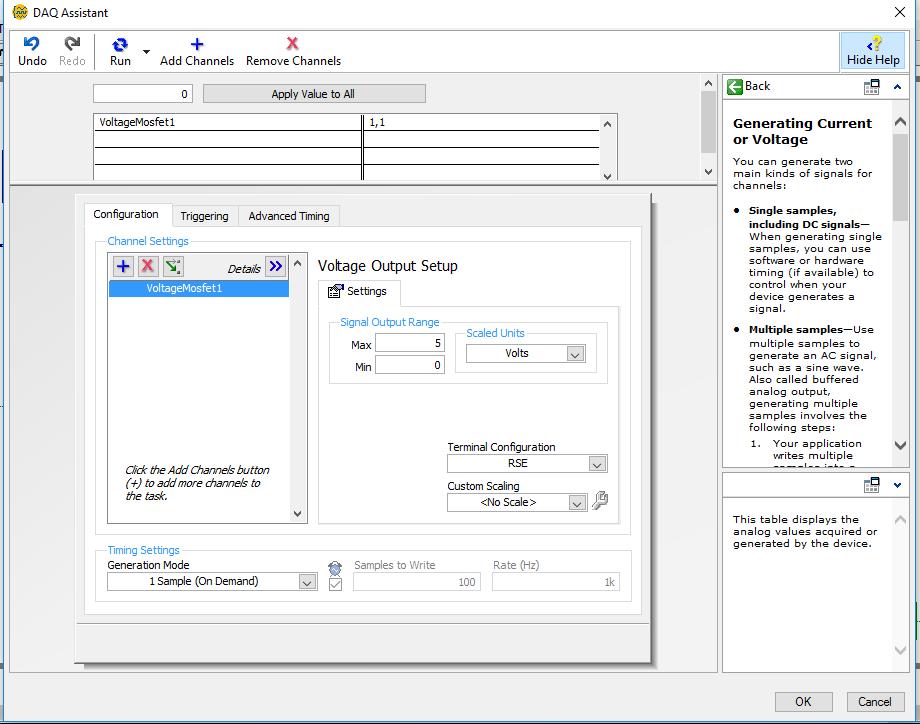 Εικόνα 5.6 DAQ Assistant (output) Κατά τη φόρτιση η θύρα εξόδου ai0 παράγει έναν παλμό ίσο με 5 Volts ενώ η θύρα ai1 έχει μηδενική τάση εξόδου.