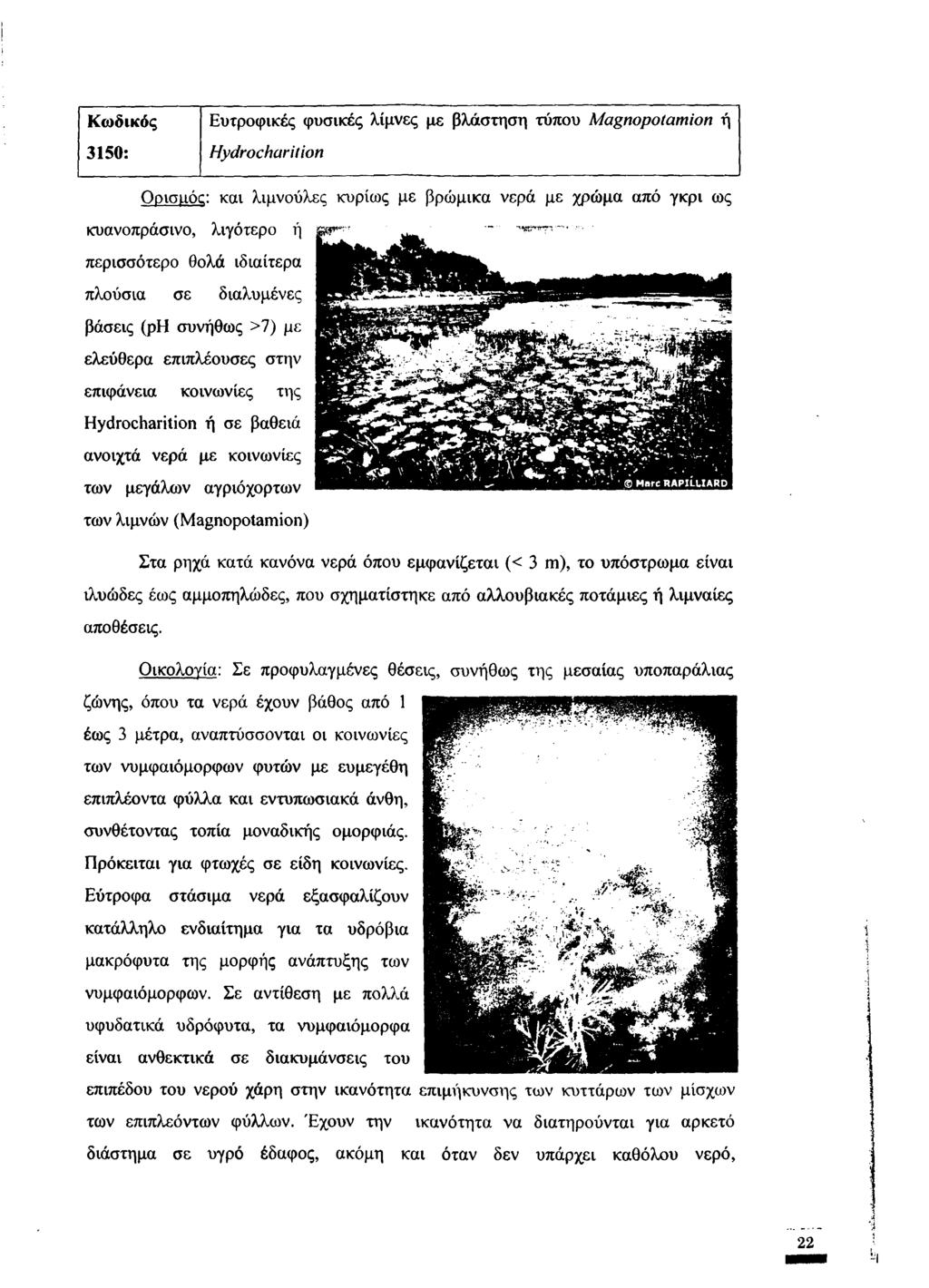 Κωδικός Ευτροφικές φυσικές λίμνες με βλάστηση τύπου Magnopotamion ή 3150: Hydrocharilion Ορισιιός: και λιμνούλες κυρίως με βρώμικα νερά με χρώμα από γκρι ως κυανοπράσινο, λιγότερο ή περισσότερο θολά