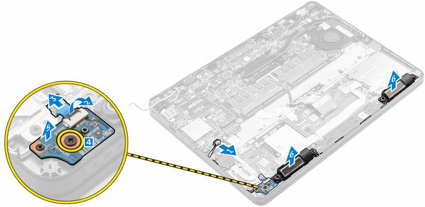 b. μπαταρία c. διάταξη σκληρού δίσκου ή M.2 SSD ή PCIe SSD d. κάρτα WWAN e. κάρτα WLAN f. πλαίσιο βάσης σύνδεσης 3. Για να αφαιρέσετε το ηχείο: a. Αποσυνδέστε το καλώδιο των ηχείων [1]. b.