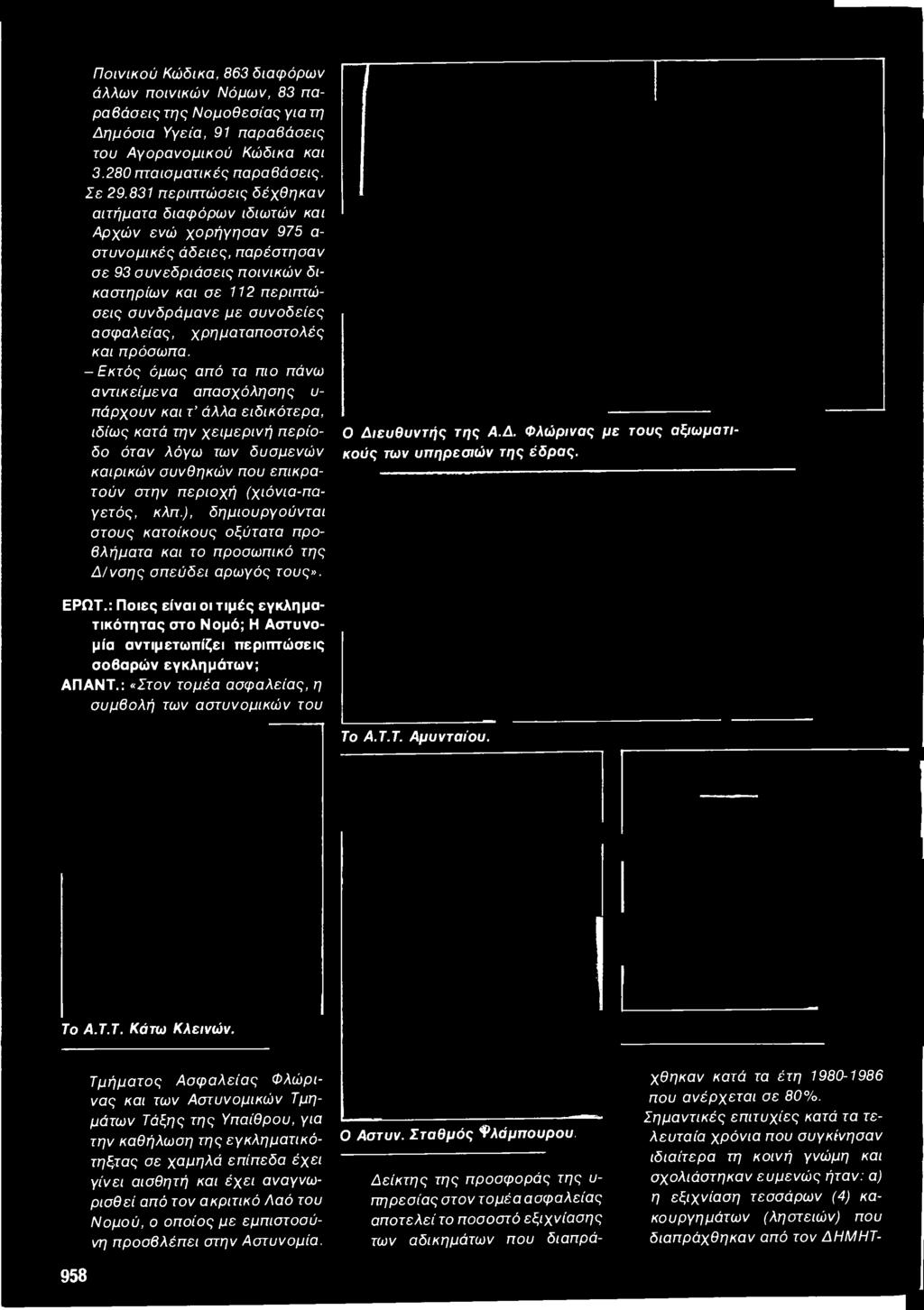 (χιόνια-παγετός, κλπ.), δήμιου ργούνται στους κατοίκους οξύτατα προβλήματα και το προσωπικό της Δ/νσης σπεύδει αρωγός τους». Ο Διευθυντής της Α.Δ. Φλώρινας με τους αξιωματικούς των υπηρεσιών της έδρας.