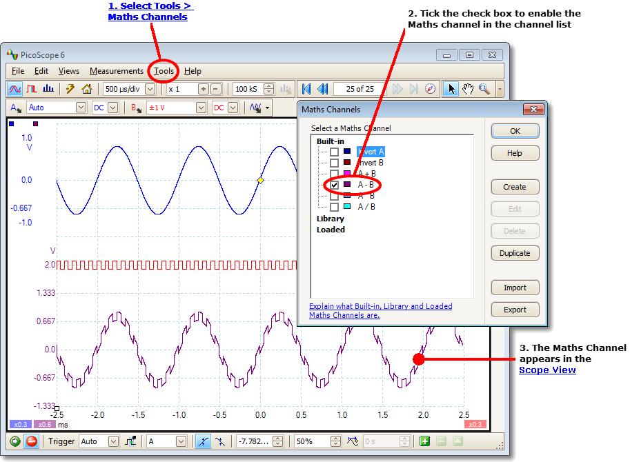 28 5.20 Bazele de lucru cu software-ul PicoScope și cu osciloscopul Canale matematice Un canal matematic este o funcţie matematică cu unul sau mai multe semnale de intrare.