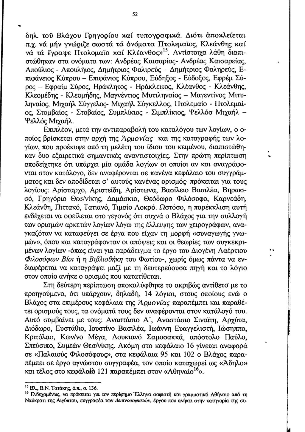 52 δηλ. το ϋ Β λ ά χ ο υ Γ ρ η γ ο ρ ίο υ κ α ί τ υ π ο γ ρ α φ ικ ά. Δ ιό τ ι ά π ο κ λ ε ίε τ α ι π.χ. ν ά μ η ν γ ν ώ ρ ιζε σ ω σ τ ά τ ά ο ν ό μ α τ α Π τ ο λ ε μ α ίο ς, Κ λ ε ά ν θ η ς κ α ί ν ά τά έγρ α ψ ε Π τ ο λ ο μ α ΐο κ α ί Κ λ έ α ν θ ο ς» 15.