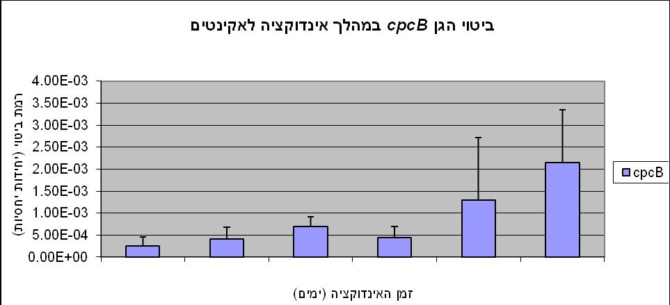 18 0 4 7 11 14 ak איור 6: ביטוי הגן cpcb במהלך אינדוקציה לאקינטים על ידי.QPCR זמן האינדוקציה מבוטא בימים, וביטוי הגן נמדד ע"פ מספר העותקים של ה- RNA שנשא את קידודו ומנורמל ביחס לביטוי ה- rrna 16S.