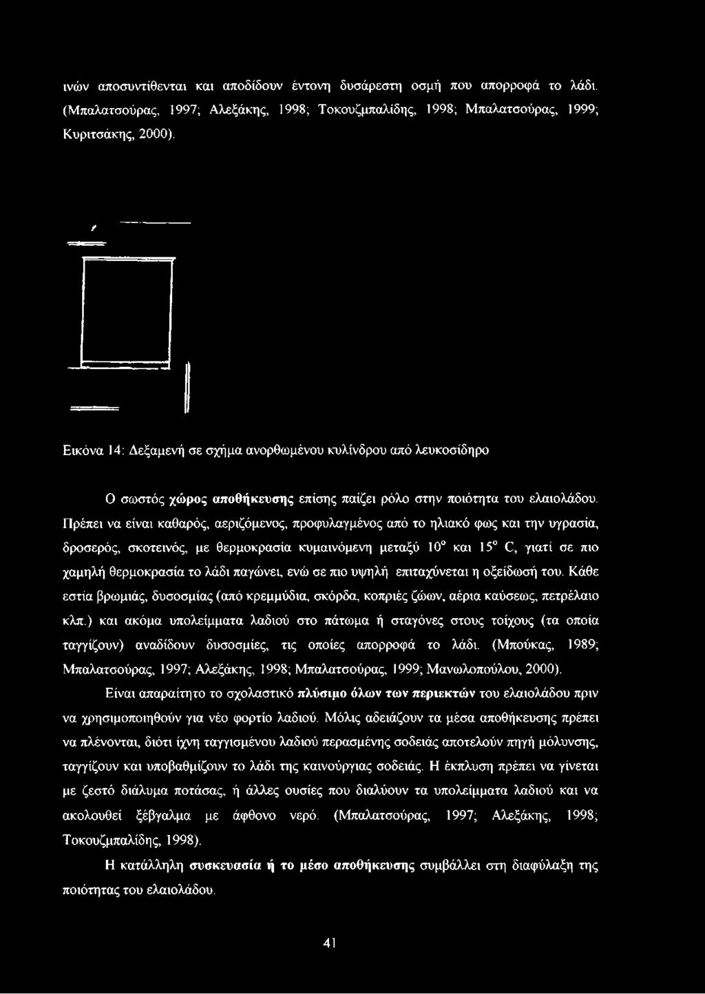 Πρέπει να είναι καθαρός, αεριζόμενος, προφυλαγμένος από το ηλιακό φως και την υγρασία, δροσερός, σκοτεινός, με θερμοκρασία κυμαινόμενη μεταξύ 10 και 15 Ο, γιατί σε πιο χαμηλή θερμοκρασία το λάδι