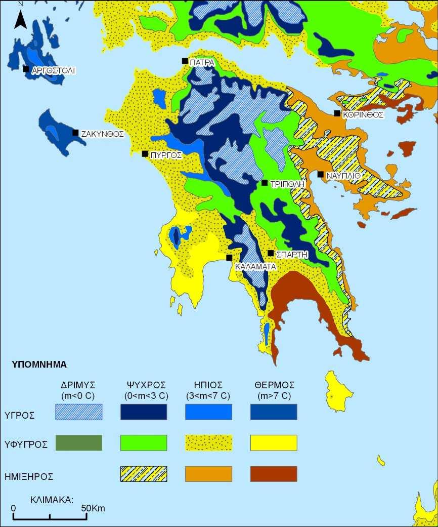 Σχήμα 3-2. Χάρτης βιοκλιματικών ορόφων για την περιοχή της Πελοποννήσου 3.2.3 Βροχοπτώσεις - Κατακρημνίσματα Στο Σχήμα 3-3 παρουσιάζεται η διανομή της βροχόπτωσης στην Πελοπόννησο.