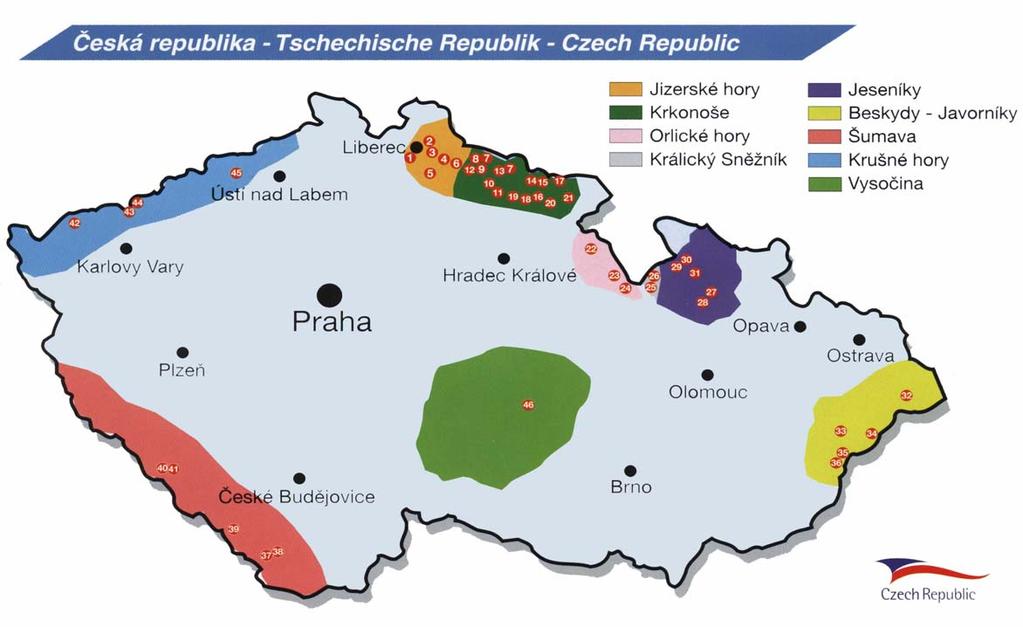 Jizerske hory 26. Hyncice pod Susinou 1. Jested 2. Bedrichov Jeseniky 3. Severak 27. Mala Moravka Praded Karlova Studanka 4. Tanvaldsky Spicak 28. Mala Moravka Karlov 5. Zasada 29.