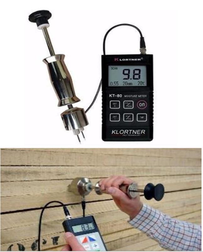 Εικόνα 8: Ηλεκτρικό υγρόμετρο και τοποθέτησή του πάνω σε στοιβαγμένη ξυλεία για μέτρηση της περιεχόμενης υγρασίας Πηγές εικόνων :