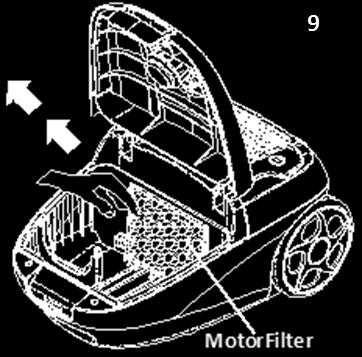 Placing and Cleaning the Exhaust Air Filter Caution: Do not use the vacuum cleaner without the exhaust air filter in the correct position! 1.