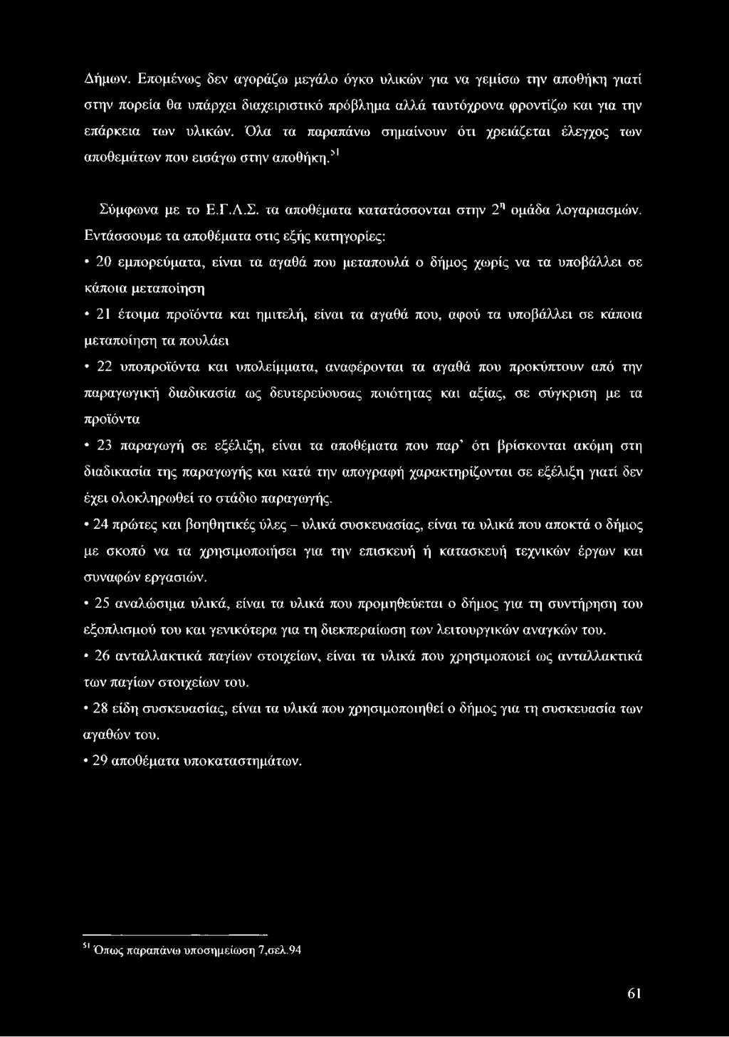 Εντάσσουμε τα αποθέματα στις εξής κατηγορίες: 20 εμπορεύματα, είναι τα αγαθά που μεταπουλά ο δήμος χωρίς να τα υποβάλλει σε κάποια μεταποίηση 21 έτοιμα προϊόντα και ημιτελή, είναι τα αγαθά που, αφού