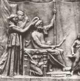 10. Η αποθέωση του Ομήρου: Τον ποιητή, που κάθεται κρατώντας σκήπτρο και κύλινδρο*, στεφανώνουν η Οικουμένη και ο Χρόνος.