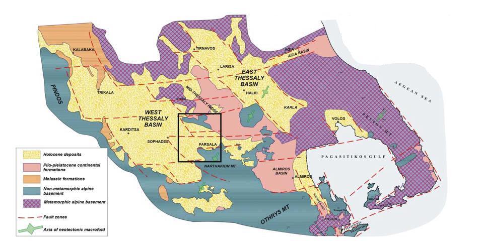 Σχήμα 3.2: Διαχωρισμός Θεσσαλίας σε ανατολική και δυτική λεκάνη Mariolakos et al., (2001) 3.
