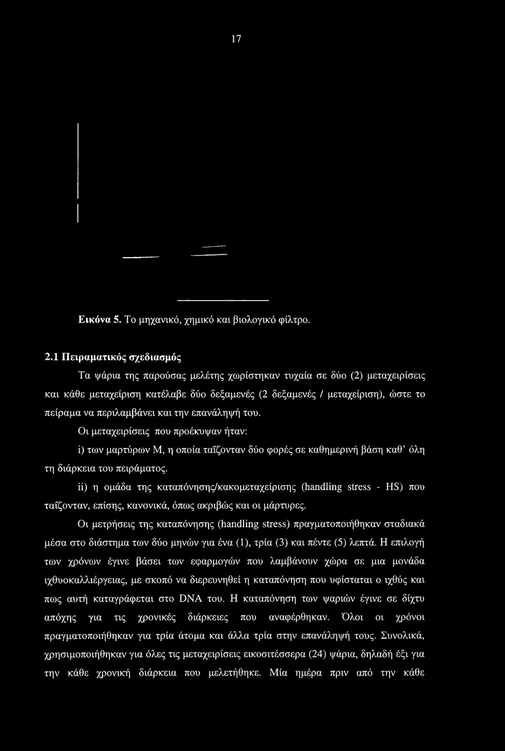 Οι μετρήσεις της καταπόνησης (handling stress) πραγματοποιήθηκαν σταδιακά μέσα στο διάστημα των δύο μηνών για ένα (1), τρία (3) και πέντε (5) λεπτά.