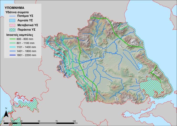 3.2.2 Κλίμα Το υδατικό διαμέρισμα διαιρείται σε τρεις περιοχές: την ανατολική παράκτια και ορεινή, με μεσογειακό κλίμα, την κεντρική πεδινή, με ηπειρωτικό κλίμα και τη Δυτική ορεινή, με ορεινό κλίμα.