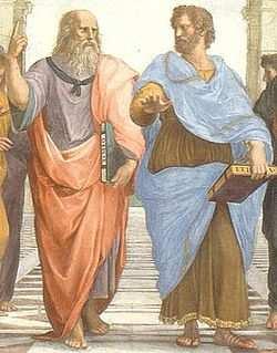 Πλάτωνας και Αριστοτέλης στην τοιχογραφία συστηµατοποιεί. Απεικονίζονται όρθιοι στο κέντρο.