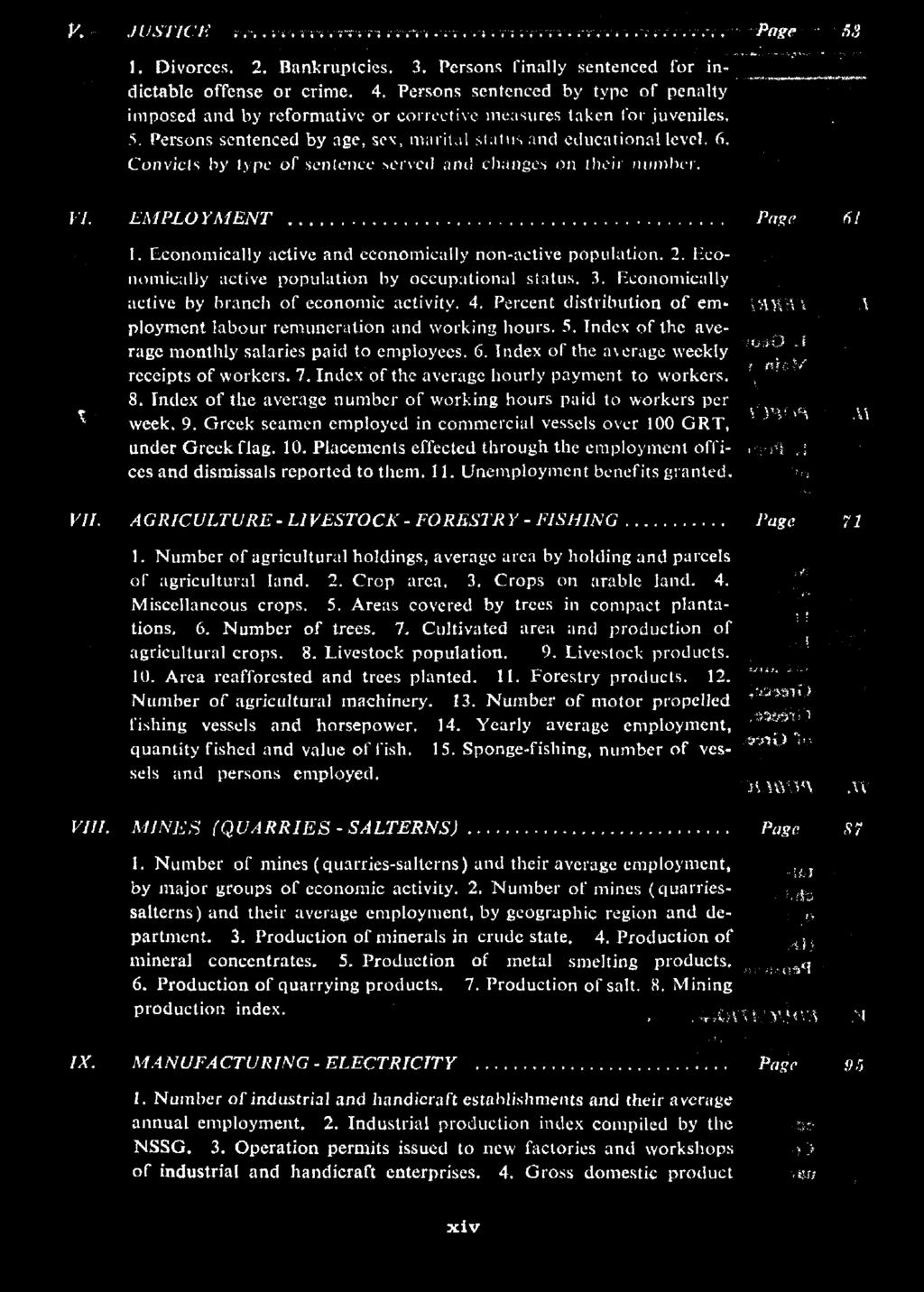 V. JUSTICE Page 53 1. Divorces. 2. Bankruptcies. 3. Persons finally sentenced for indictable offense or crime. 4.