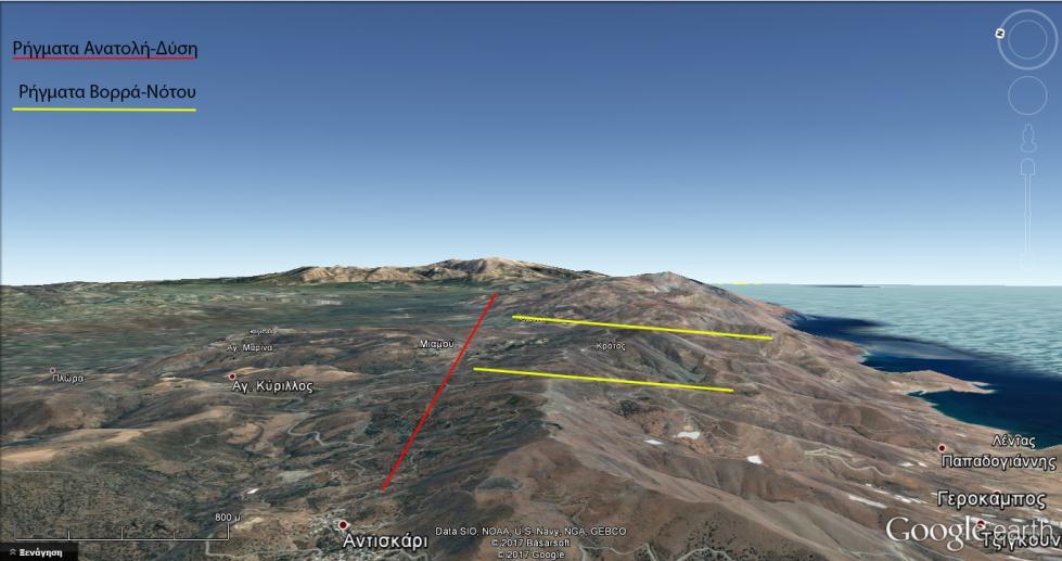 Δορυφορική εικόνα από το Google Earth που δείχνει τις κύριες τεκτονικές γραμμές στην περιοχή Λέντα- δυτικά Αστερούσια. μετατοπίζουν τα ρήγματα ανατολής δύσης διεύθυνσης.