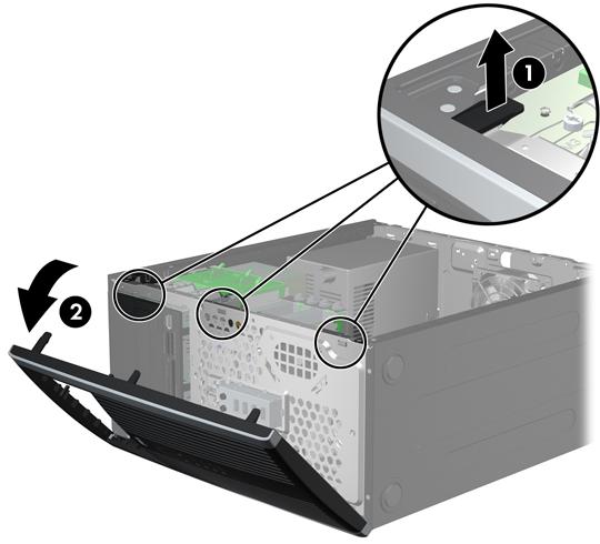 Αφαίρεση πρόσοψης 1. Αφαιρέστε/αποσυνδέστε τις όποιες συσκευές ασφαλείας εμποδίζουν το άνοιγμα του υπολογιστή. 2. Αφαιρέστε όλα τα αφαιρούμενα μέσα, όπως CD ή μονάδες USB flash, από τον υπολογιστή. 3.