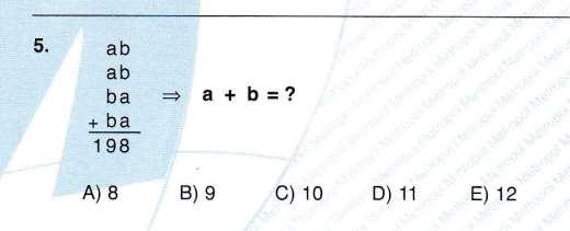 SUAL-56. ab+ab+ba+ba=198 2ab+2ba=198 2(ab+ba)=198 ab+ba=99 b+a=9 [ 2a+2b]=9+9 2(a+b)=18 a+b=9 a+b=9 Müəllif: Könül İsmayılzadə SUAL-57. axb=3a 2b a b=a/2 b/3 a b=a -1 +b -1 (1 2)x(2 3)=? Həlli.