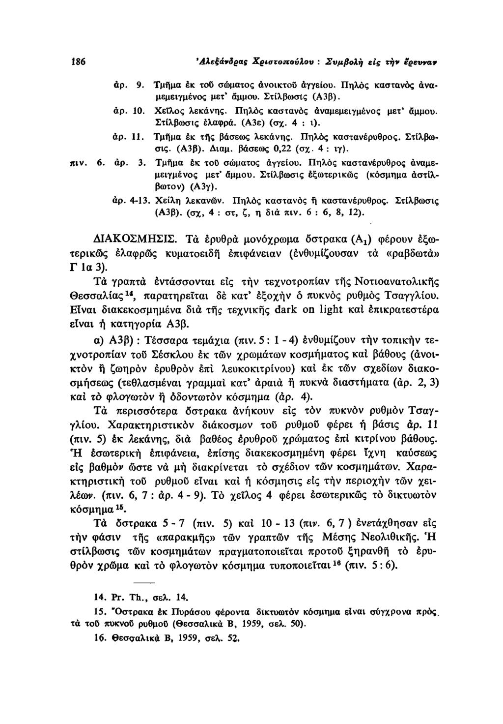 186 Αλεξάνδρας Χριστοπούλου : Συμβολή είς την ερενναψ άρ. 9. Τμήμα έκ τού σώματος ανοικτού αγγείου. Πηλός καστανός αναμεμειγμένος μετ' άμμου. Στίλβωσις (Α3β). άρ. 10. Χείλος λεκάνης.