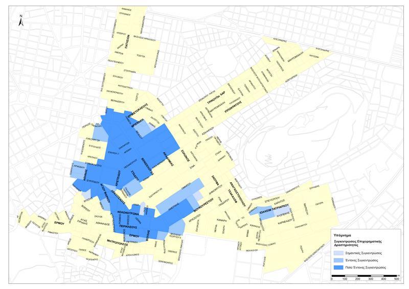 Χάρτης 2: Εμπορική αγορά κέντρο Αθήνας- Χωρικές συγκεντρώσεις επαγγελματικής στέγης Η αναλογία των διαφορετικών επιχειρηματικών δραστηριοτήτων σε ένα παραδοσιακό εμπορικό κέντρο ποικίλει,