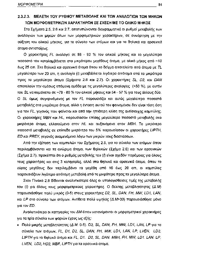 ΜΟΡΦΟΜΕΤΡΙΑ 84 2.3.2.3. ΜΕΛΕΤΗ ΤΟΥ ΡΥΘΜΟΥ ΜΕΤΑΒΟΛΗΣ ΚΑΙ ΤΩΝ ΑΝΑΛΟΓΙΩΝ ΤΩΝ ΜΗΚΩΝ ΤΩΝ ΜΟΡΦΟΜΕΤΡΙΚΩΝ ΧΑΡΑΚΤΗΡΩΝ ΣΕ ΣΧΕΣΗ ΜΕ ΤΟ ΟΛΙΚΟ ΜΗΚΟΣ Στα Σχήματα 2.5, 2.6 και 2.
