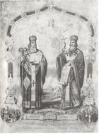 Στην εικόνα αυτή και οι δύο άγιοι είναι ζωγραφισµένοι µε επισκοπικά άµφια, ο Άγιος Χαράλαµπος ειναι µε αυξανόµενο δεξί χέρι, στο οποίο κρατάει ένα σταυρό, και ο Άγιος Αθανάσιος κρατάει ένα ειλητάριο
