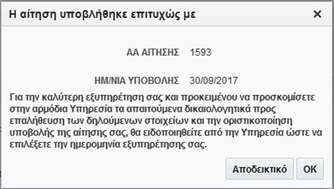 Δίνεται αριθμός κατάθεσης της αίτησης και μπορεί να εκτυπωθεί αποδεικτικό υποβολής όπου αναφέρονται τα δικαιολογητικά που χρειάζονται σύμφωνα με τις επιλογές σας.