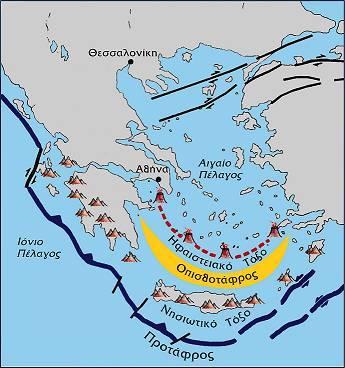 10 Σχήμα 1.5: Το Ελληνικό τόξο (Παπανικολάου Δ., 1998). Το τόξο που δημιουργείται στην περίπτωση αυτή αποτελείται από την ελληνική τάφρο, το νησιωτικό τόξο, την οπισθοτάφρο και το ηφαιστειακό τόξο.