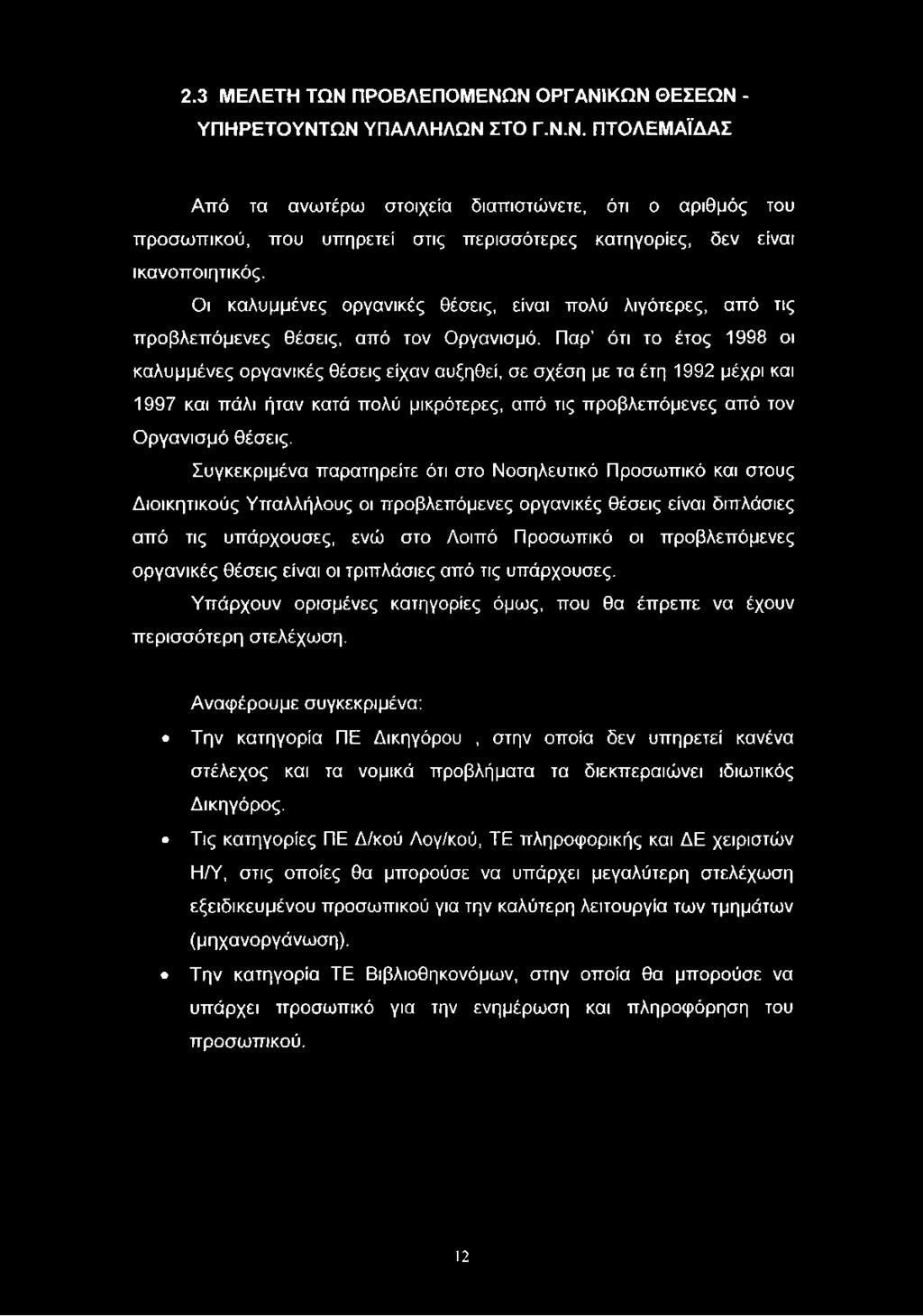 Παρ ότι το έτος 1998 οι καλυμμένες οργανικές θέσεις είχαν αυξηθεί, σε σχέση με τα έτη 1992 μέχρι και 1997 και πάλι ήταν κατά πολύ μικρότερες, από τις προβλεπόμενες από τον Οργανισμό θέσεις.