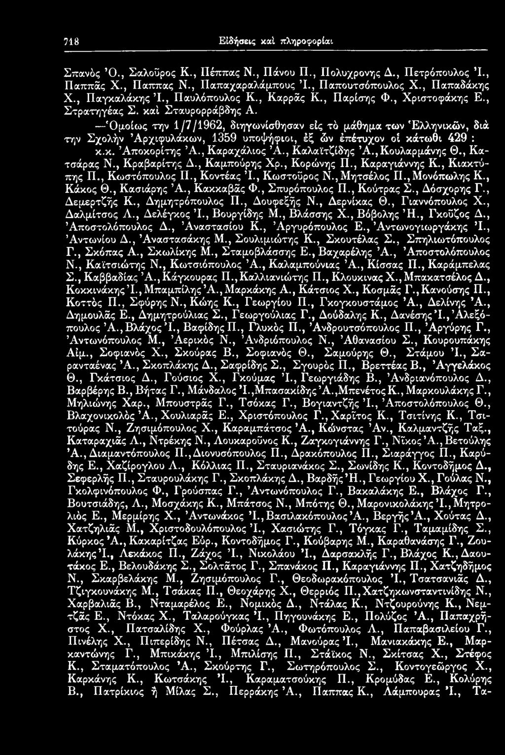 , Κακκαβάς Φ., Σπυρόπουλος Π., Κούτρας Σ., Δόσχορης Γ., Δεμερτζής Κ., Δημητρόπουλος Π., Δουφεξής Ν., Δερνίκας Θ., Γιαννόπουλος X., Δαλμίτσος Λ., Δελέγκος Ί., Βουργίδης Μ., Βλάσσης X., Βόβολης Ή.