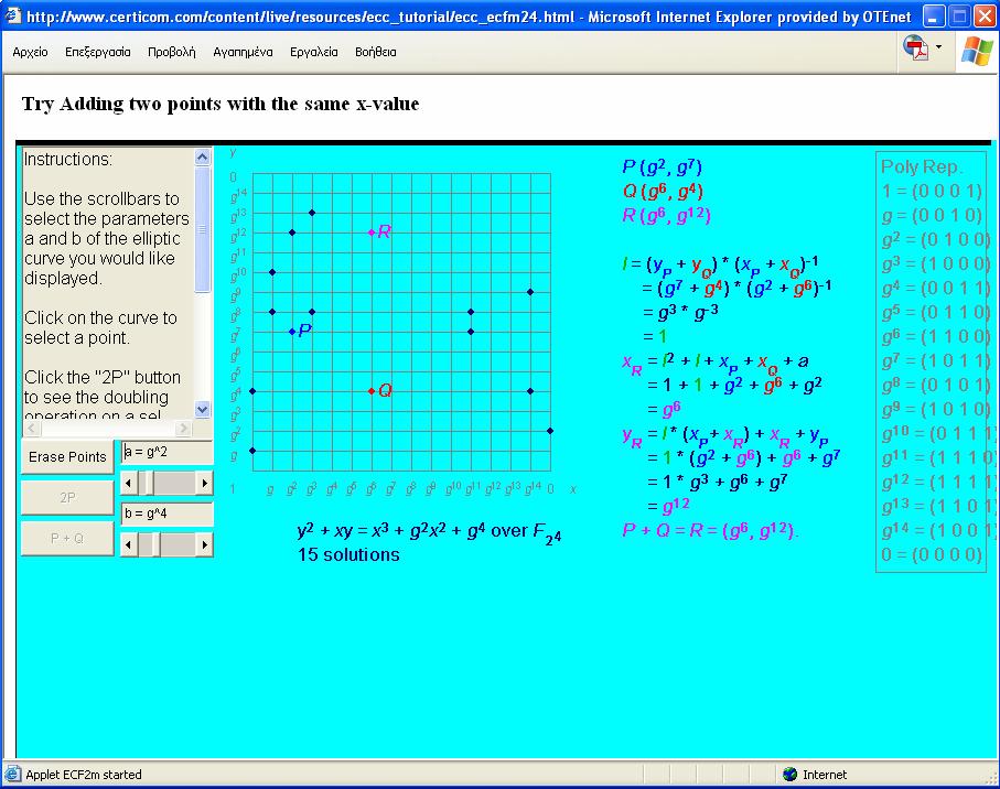 Σχήµα 18: Η πρόσθεση των σηµείων P(g 2, g 7 ) και Q(g 6, g 4 ) της ελλειπτικής καµπύλης y 2 + xy = x