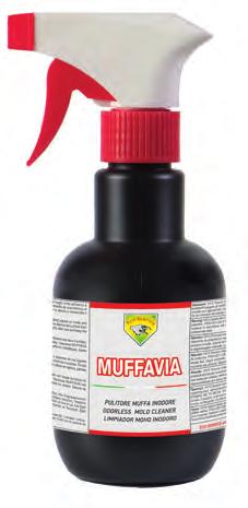 MUFFAVIA DISPLAY PT Muffavia detergente para superfícies duras, è inodoro e elimina rápidamente o, mofo, algas, líquenes que se formam em locais húmidos no interior e exterior das paredes.
