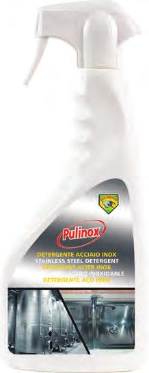 PULINOX PT Pulinox: Detergente específico para superfícies em aço inox e cromadas. Deixa uma camada protectora que ajuda a reduzir as estrias futuras. Sem abrasivos.